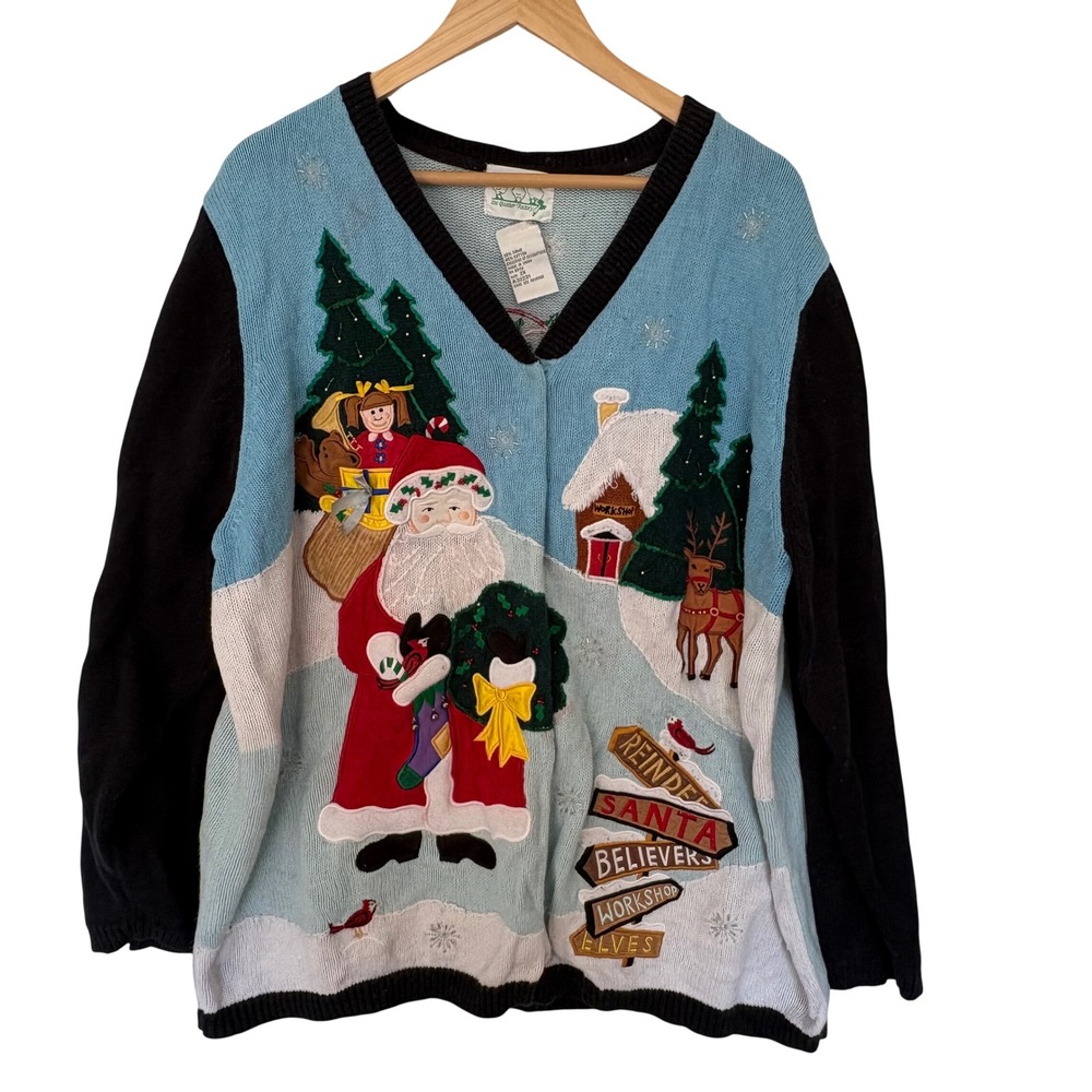 Quacker Factory Christmas Sweater‎ Womens 2X Santa Reindeer V-Neck Cardigan Blue